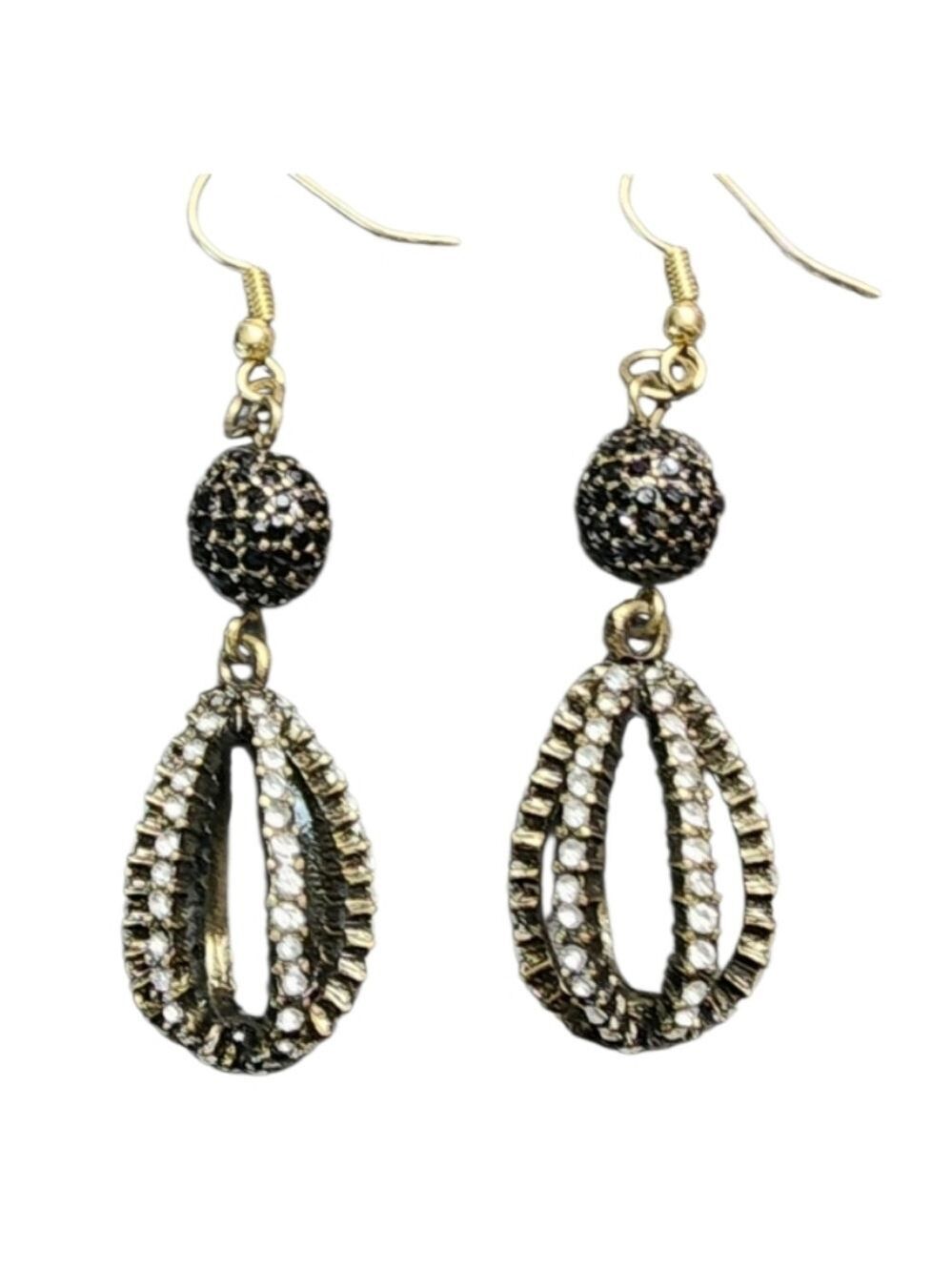 Gold Black Dangle Earrings Rhinestones